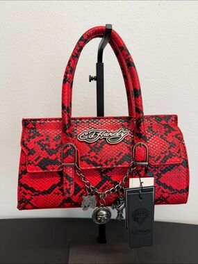 Ed Hardy | Snake-Print Top-Handle Satchel w/ Iconic Logo Bag Charms | Crossbody